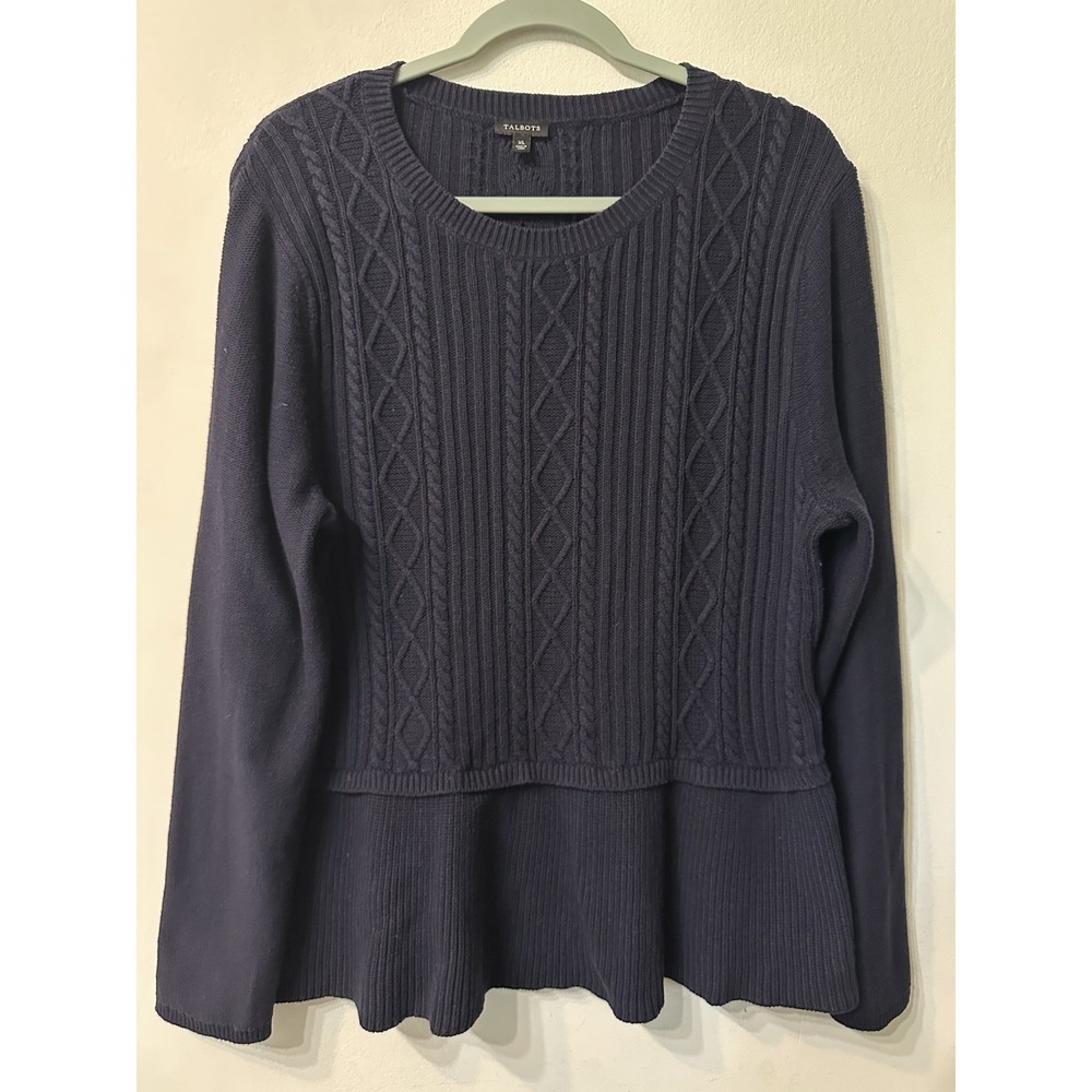 Talbots Womens XL Navy Blue Cable Knit Peplum Sweater Cotton Cashmere Blend
